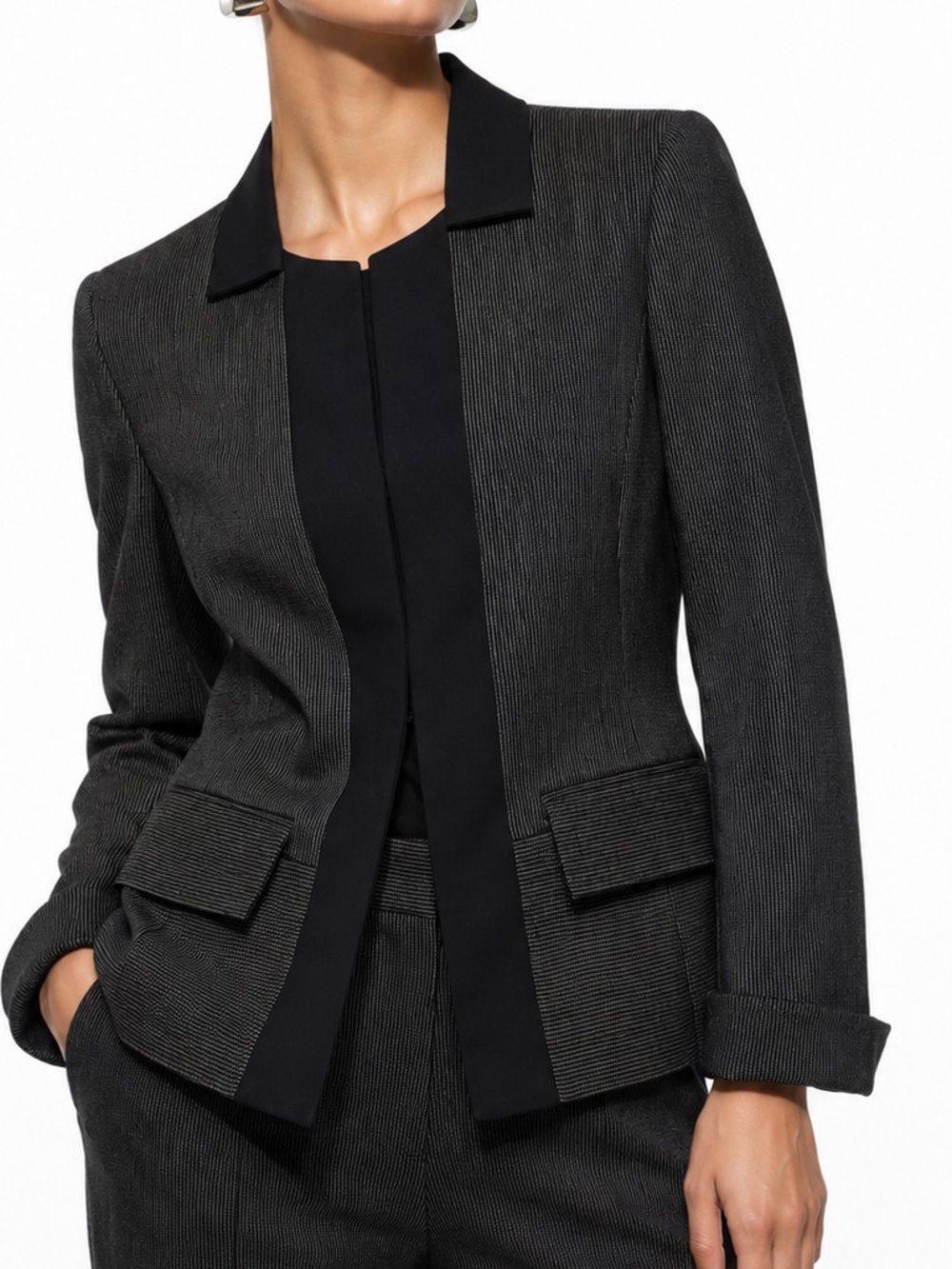 AKRIS Tailored Wool Blend Jacket Black Textured Pinstripe Notch-Collar Blazer